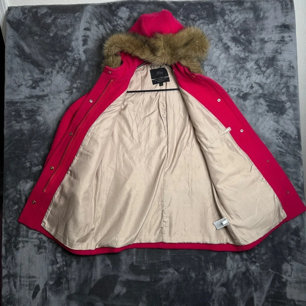 J.Crew Chateau Parka Italian Stadium Cloth Pink Wool Faux Fur Hood Coat 4P - Picture 6 of 9